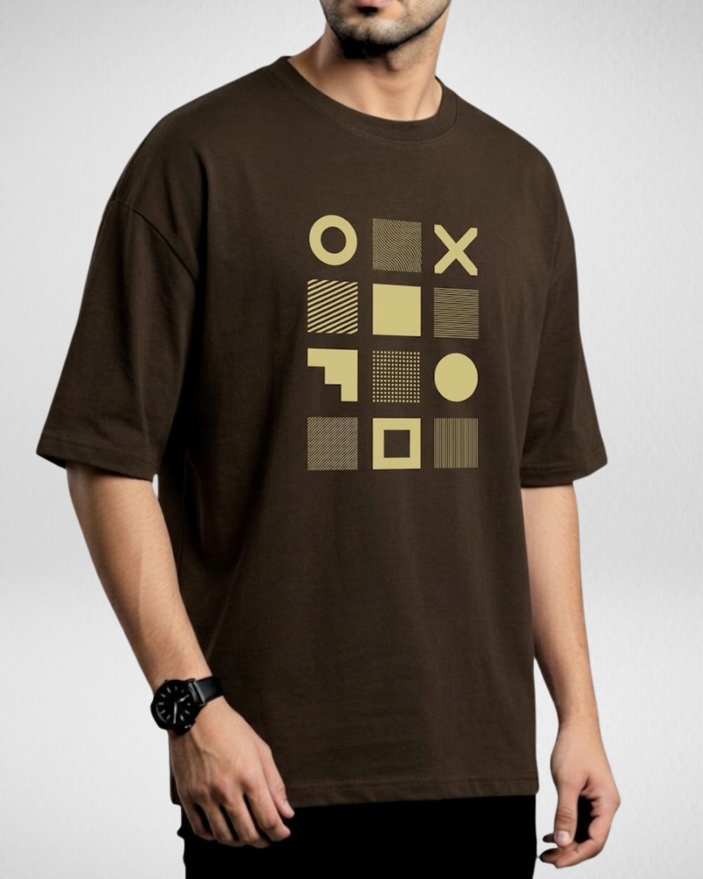 Geometric Grid | Drop Shoulder | Dark Brown (Code 5375)