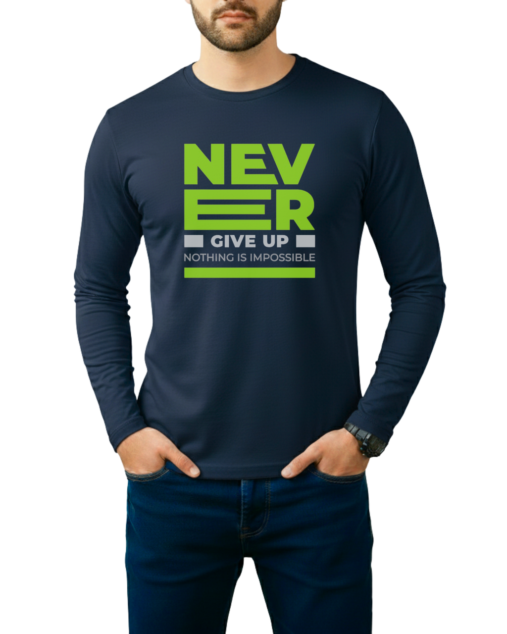 Navy Blue Printed Men’s Full Sleeves Tee – Jersey Fabric, Classic Fit, Everyday Comfort (Code 3568)