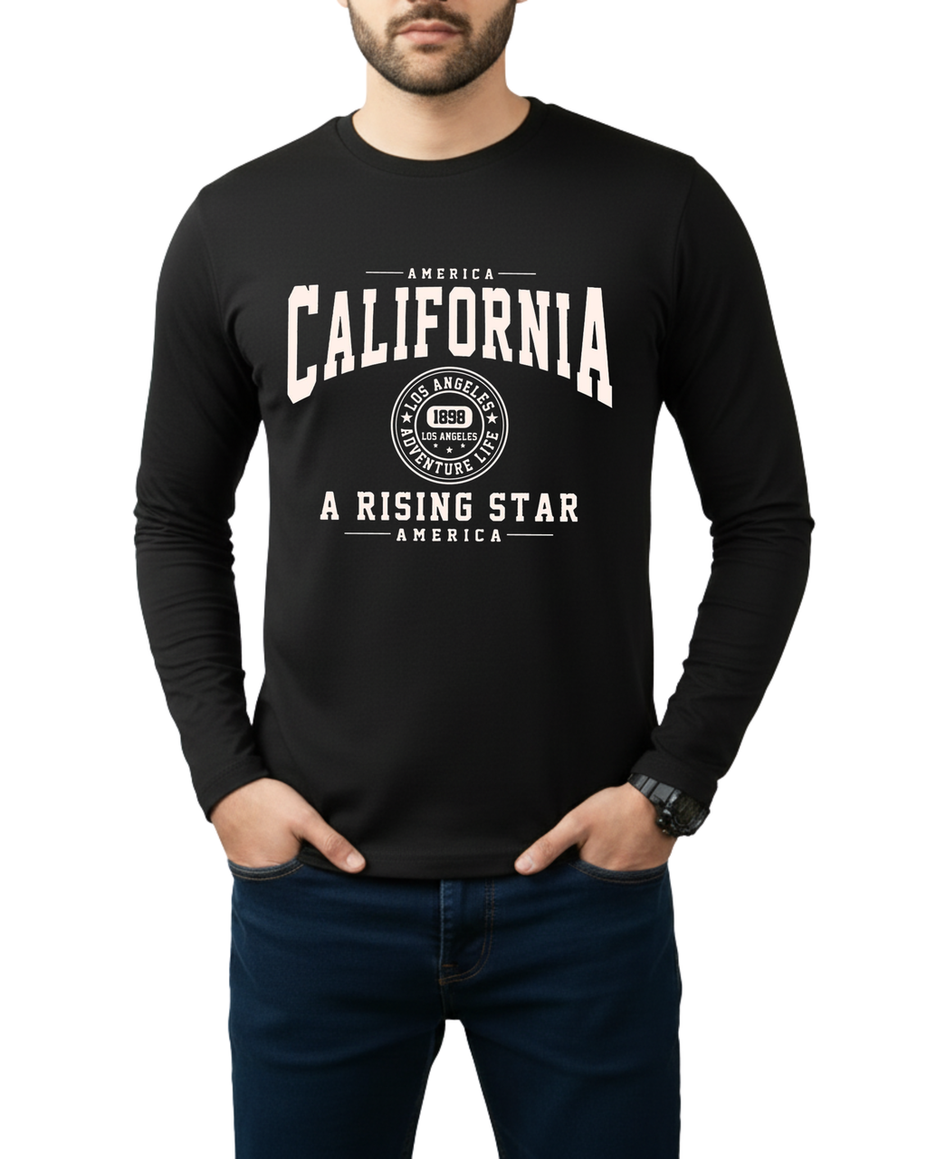 Black Printed Men’s Full Sleeves Tee – Jersey Fabric, Classic Fit, Everyday Comfort (Code 3565)