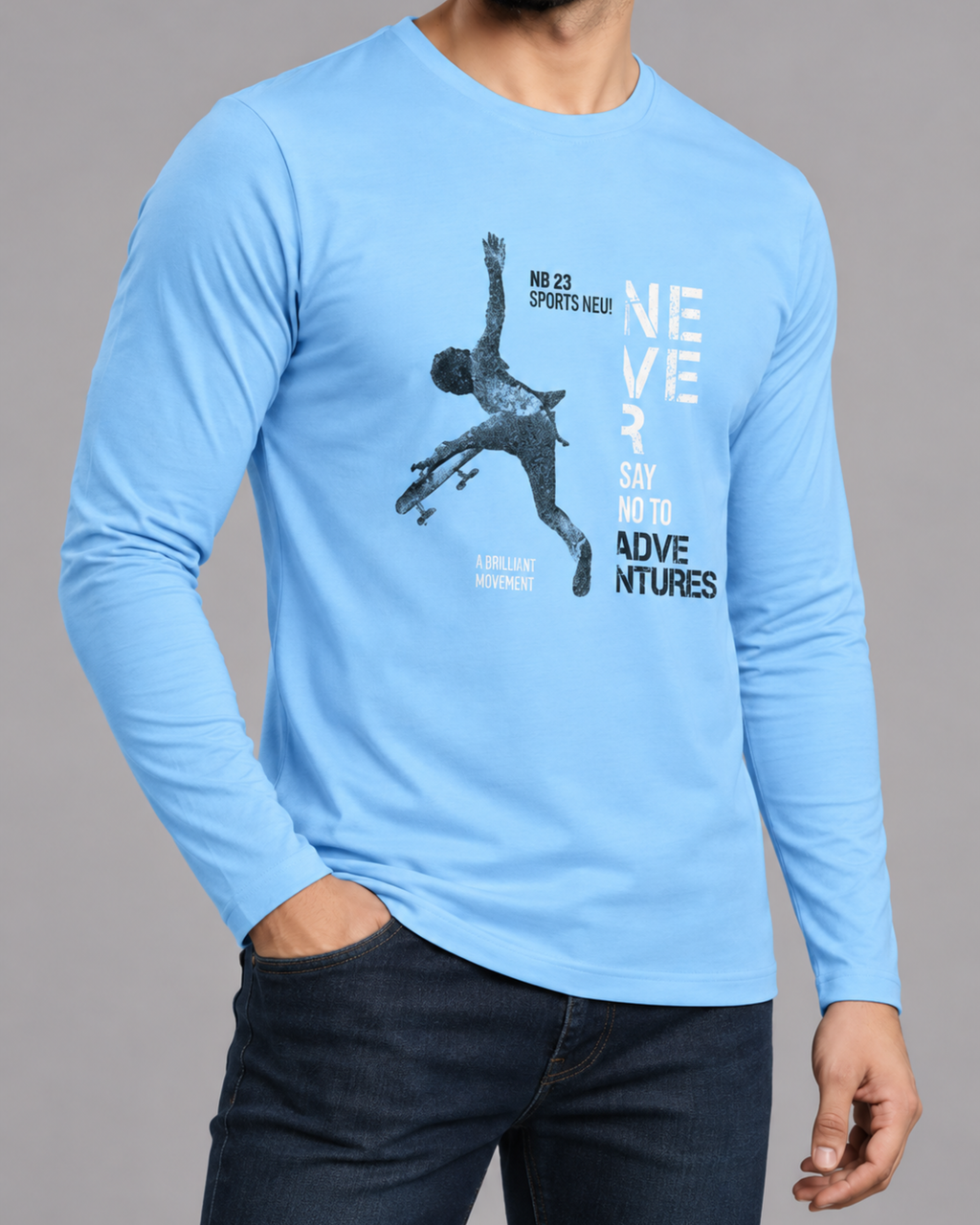 Sky Blue Printed Men’s Full Sleeves Tee – Jersey Fabric, Classic Fit, Everyday Comfort (Code 3555)