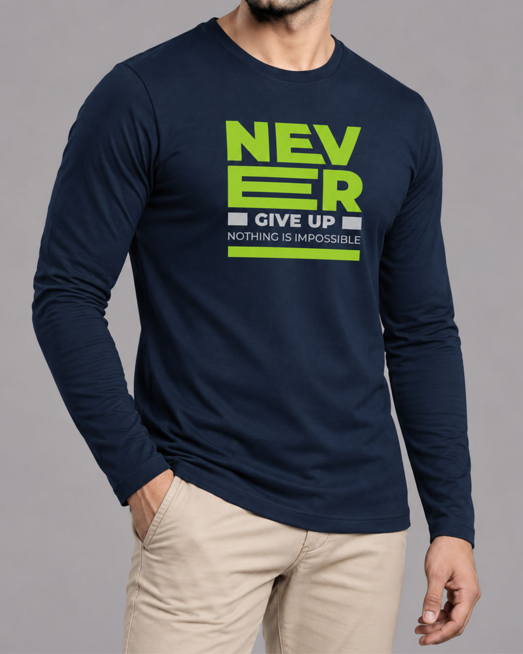 Navy Blue Printed Men’s Full Sleeves Tee – Jersey Fabric, Classic Fit, Everyday Comfort (Code 3568)