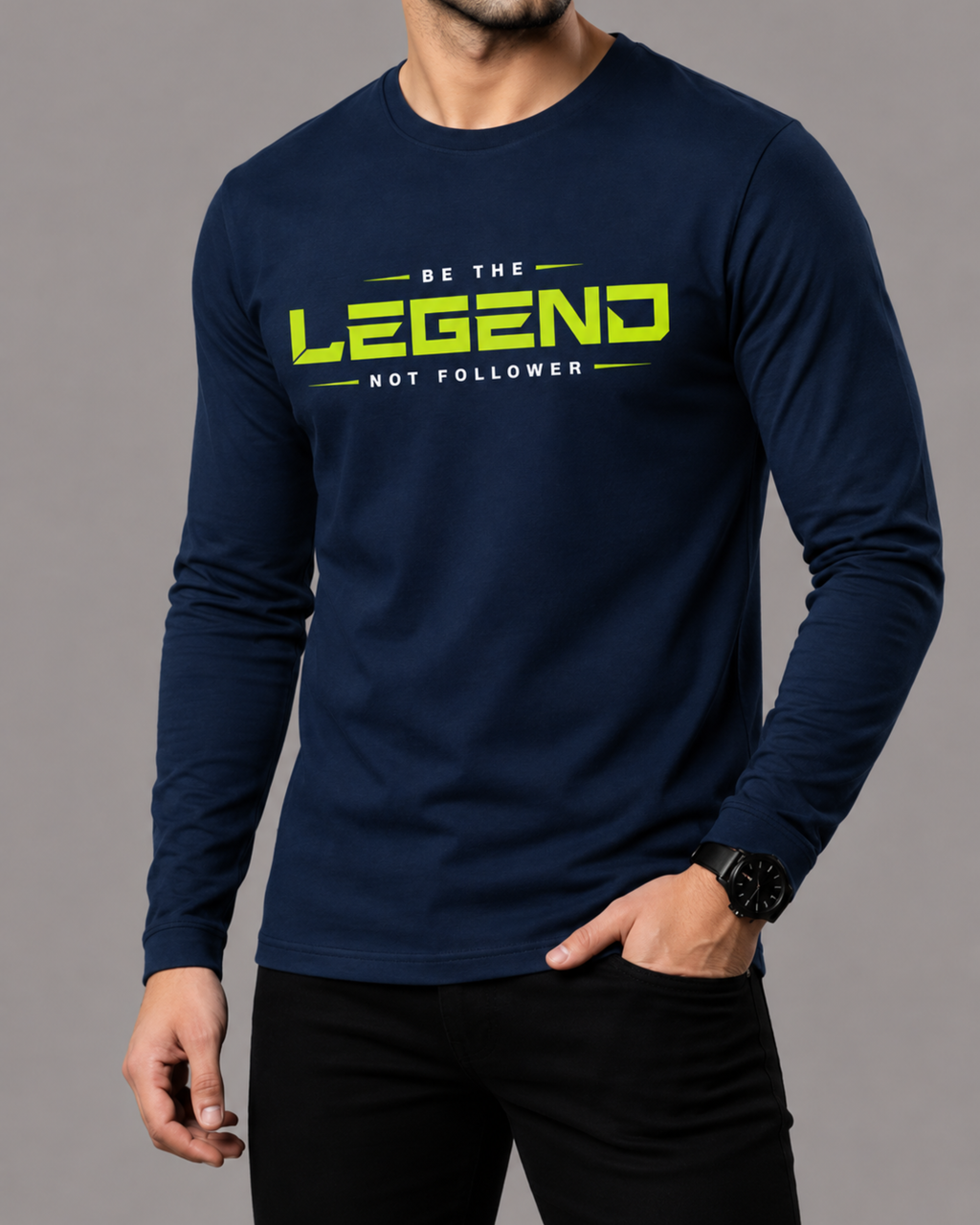 Navy Blue Printed Men’s Full Sleeves Tee – Jersey Fabric, Classic Fit, Everyday Comfort (Code 5849)